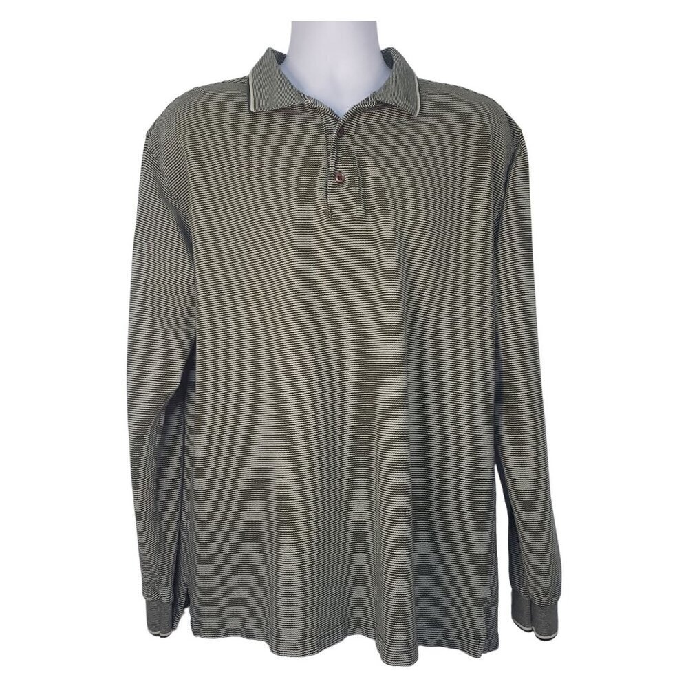 VTG Scandia Woods Golf Polo Green Striped Long Sleeves Cotton Preppy Mens XL‎